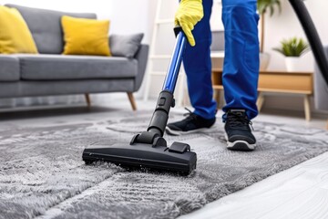 Person Cleaning Carpet with Vacuum in Living Room