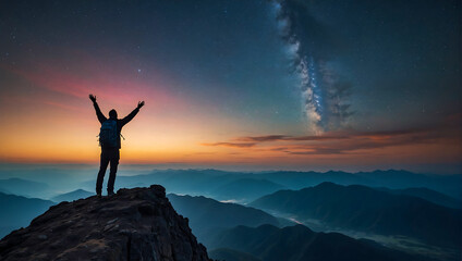 A lone person stands on top of a big mountain with hands towards the sky as to celebrate their achievement