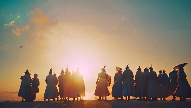 A group of graduates celebrating by throwing their caps in the air after graduation ceremony, A group of graduates tossing their caps in the air in a moment of shared excitement and achievement