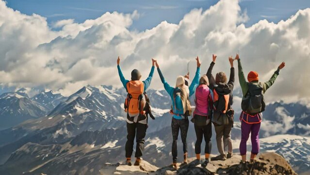 A group of hikers celebrating reaching the summit of a mountain, standing together at the peak, A group of hikers celebrating reaching the summit of a mountain
