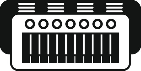 Vintage synthesizer icon with simple black and white keyboard, minimalistic design, and compact analog device for modern music production and composing