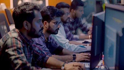 A group of Indian men sitting in front of a laptop computer, working together on software development, A group of Indian men collaborating on a software development project