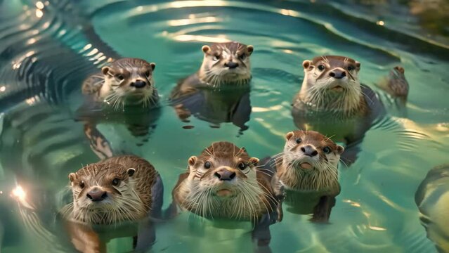 A group of otters playfully swim in a crystal-clear pool of water, A group of playful otters swimming in a crystal clear river