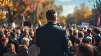 A man in a suit speaks to a large crowd during a daytime outdoor event. The autumn backdrop creates a warm and engaging atmosphere.