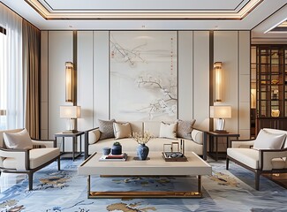 Modern Chinese style living room, with a beige sofa and coffee table in the center