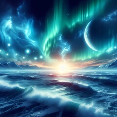 beautiful ocean and aurora views,Generative AI