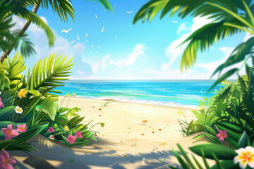 Obraz premium Tropical beach with lush greenery and clear blue sky