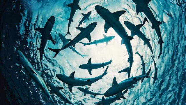 A group of sharks swimming and circling together in the deep ocean, A group of sharks circling together in a hypnotic pattern