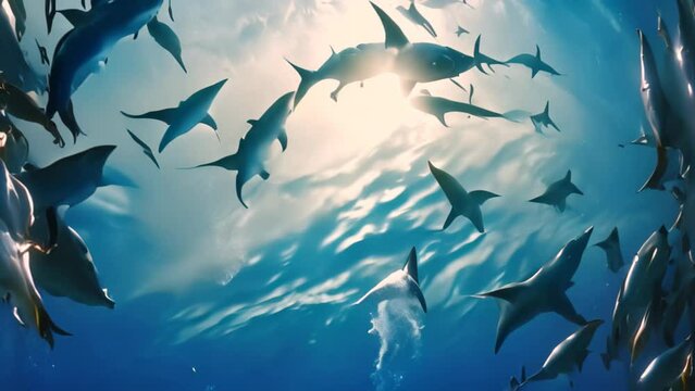 A large pack of sharks swimming together in the ocean, moving in a coordinated manner, A group of sharks circling together in a hypnotic pattern