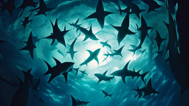 A large group of sharks moving together in the ocean waters, A group of sharks circling together in a hypnotic pattern