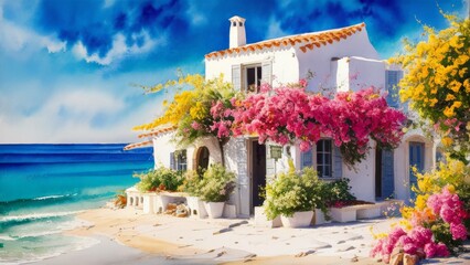 The Mediterranean coast with a charming house on the shore. Bright flowers, azure blue sky and calm turquoise waters create a harmonious background.