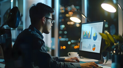 A business analyst works late at night, analyzing financial reports on a computer in a modern office. The city lights outside create a focused and productive atmosphere.