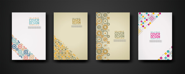 Set islamic cover design template with colorful detail and texture of floral mosaic islamic art ornament.