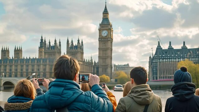 Group of people photographing the iconic Big Ben clock tower in a bustling tourist scene, A group of tourists snapping photos in front of a famous landmark
