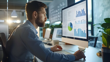 A business professional focuses on data analysis on a computer screen in a modern office. The well-lit workspace with plants and large windows fosters a productive and engaging environment.
