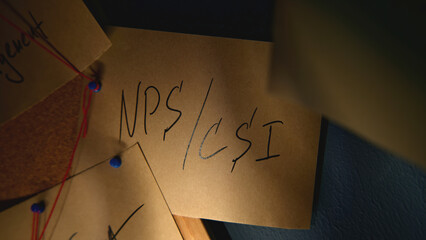 Lantern illuminates notes on board. Stock footage. Notes with words on blackboard in night office....