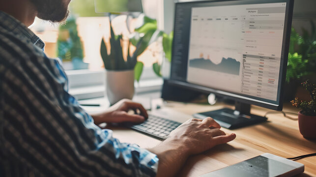 A remote worker analyzes data on a desktop computer in a home office. The bright workspace with natural light and plants creates a productive and comfortable environment.