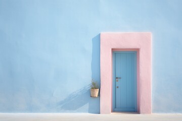 a blue door with a plant in a pot