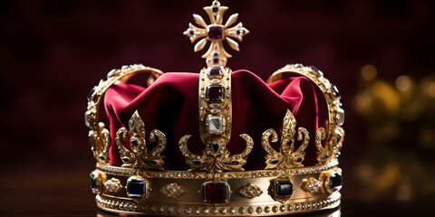 Regal Crown Jewels on Red Background with UK Monarchy Symbols and Copyspace. Concept UK Monarchy, Crown Jewels, Red Background, Copyspace, Regal Symbols