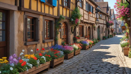 Fototapeta premium A charming European village with cobblestone streets, half-timbered houses, and colorful flower boxes adorning the windowsills. Generative AI.
