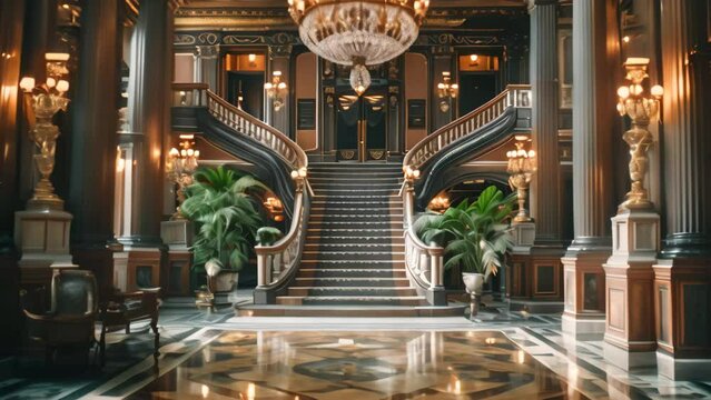 A large and ornate foyer featuring a grand chandelier hanging from the ceiling, A high-end hotel with ornate details and a grand entrance