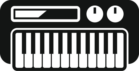 Simple, bold vector iconographic representation of a synthesizer keyboard in black and white