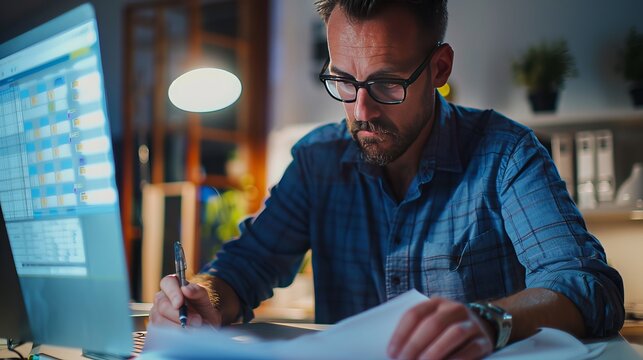 Project Manager Reviewing Timelines: At their desk, a project manager reviews project timelines and milestones, making sure the team stays on schedule and meets deadlines