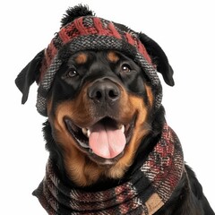 Obraz premium Ed the Rottweiler sports a fashionable hat and scarf in the snowy landscape