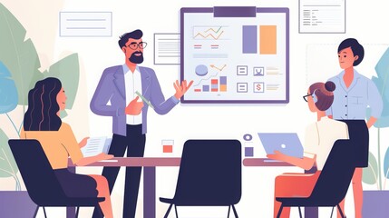 Obraz premium Project Manager Leading a Meeting: In a conference room, a project manager leads a team meeting, discussing project goals and assigning tasks to ensure everything runs smoothly