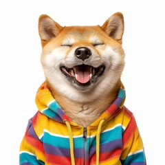 Adorable Shiba Inu dog in a vibrant hoodie, playfully showing its teeth