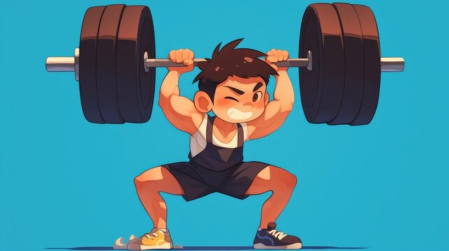 A cartoon character illustration depicts a young schoolboy lifting a barbell with determination