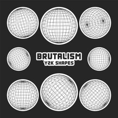 Wireframe shapes, lined sphere. Perspective mesh, 3d grid. Modern trendy low poly geometric elements. Retro futuristic design elements, y2k, vaporwave and synthwave style. Vector illustration