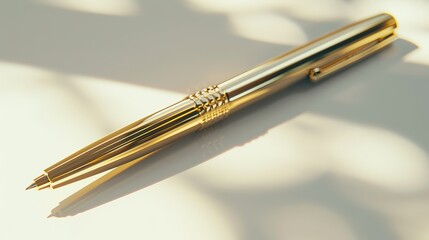 Naklejka premium Pen: Carefully placed on a white surface, a pen gleams with its metallic surface under the sunlight. The tip and details are clearly visible, showcasing its craftsmanship 