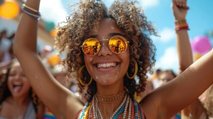 A group of people cheering at a Pride parade wide shot