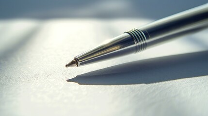 Fototapeta premium Pen: Carefully placed on a white surface, a pen gleams with its metallic surface under the sunlight. The tip and details are clearly visible, showcasing its craftsmanship 