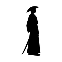 Vector icon with a black silhouette with a samurai warrior side view in a kimono