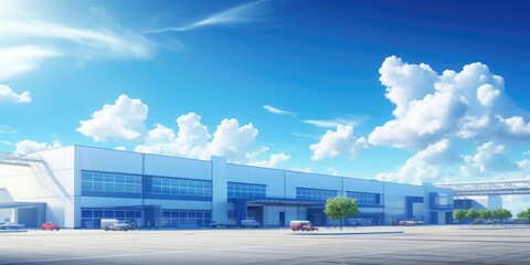 logistics center, headquarters or large office under a blue sky. New condition building 