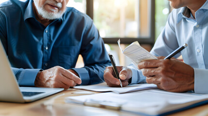 A senior man consults with an advisor over documents at a desk. The setting is a well-lit office, emphasizing collaboration, guidance, and the importance of informed decision-making