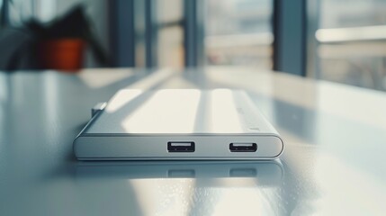Power Bank: Positioned on a bright surface, a modern power bank is stylishly photographed. Its details and ports are visible, emphasizing both its design and ease of use 