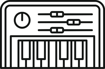 Black and white line art of an electronic synthesizer keyboard suitable for musicthemed designs