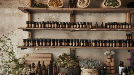 An apothecary-style setup with essential oils and dried herbs evokes a timeless, rustic, old-world ambiance.