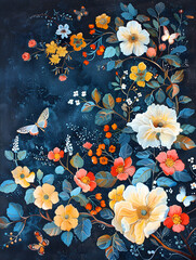 Flowers and butterflies painted on dark background, a beautiful floral design