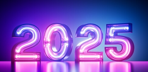 3d neon numbers 2025. New Year holidays background. 3d illustration.