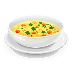 Homemade chicken noodle soup in a white bowl. Top view.