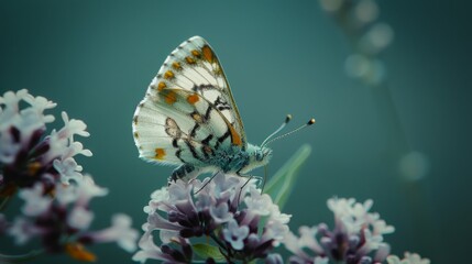 its wings bear water droplets; behind, a blurred backdrop of purple and white blooms
