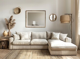 Design of a beige corner sofa in the style of modern interior design for a living room