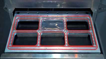 Close up of automatic machine for making plastic containers. Media. Industrial background, details...