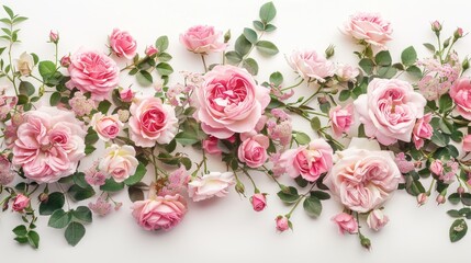 Pink roses in a flower arrangement on a white background
