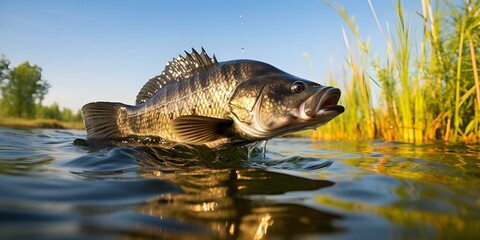 Fototapeta premium Big and dark bass in a freshwater fishing simulation. Concept Freshwater Fishing, Big Bass, Dark Waters, Simulation, Fishing Challenge