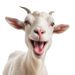 A smiling goat with large ears and a pink nose
